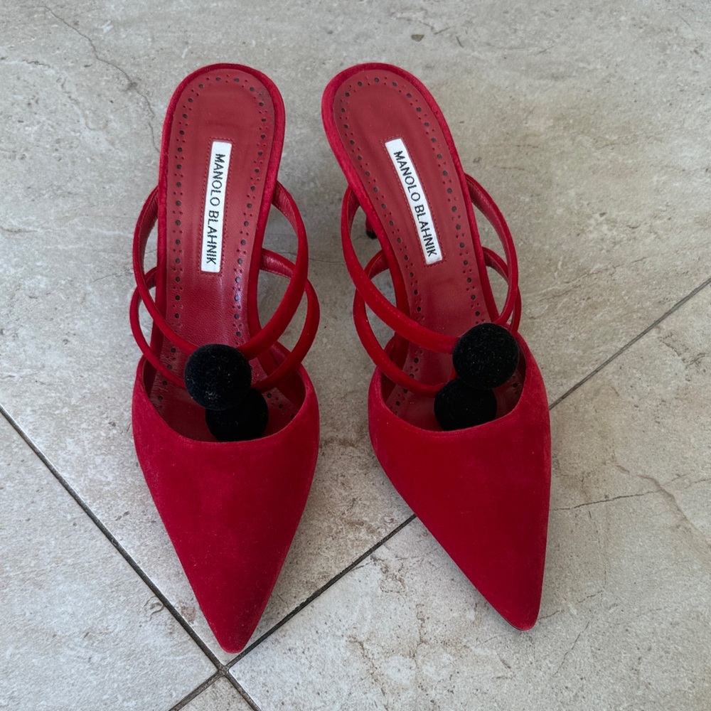Manolo Blahnik Scarlet Heels with Black Accents